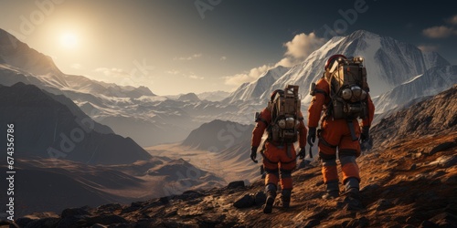 Astronauts in futuristic space suits are exploring the surface of Mars in order to live on Mars in the future by Generative AI © chartchai