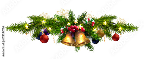 Isolated garland with golden shiny bells,fir branches,design element