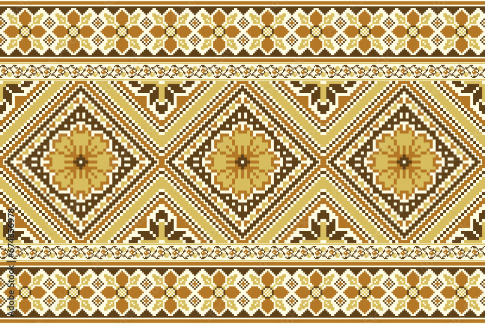 flower embroidery on cream background. ikat and cross stitch geometric seamless pattern ethnic oriental traditional. Aztec style illustration design for carpet, wallpaper, clothing, wrapping, batik. flower embroidery on cream background. ikat and cross stitch geometric seamless pattern ethnic oriental traditional. Aztec style illustration design for carpet, wallpaper, clothing, wrapping, batik.