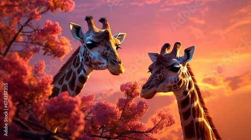 A pair of baby giraffes  their long necks gracefully arched  nibbling leaves from the top of a tall acacia tree against the backdrop of a vivid sunset.