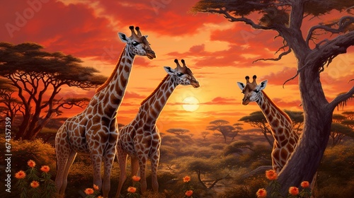 A pair of baby giraffes  their long necks gracefully arched  nibbling leaves from the top of a tall acacia tree against the backdrop of a vivid sunset.