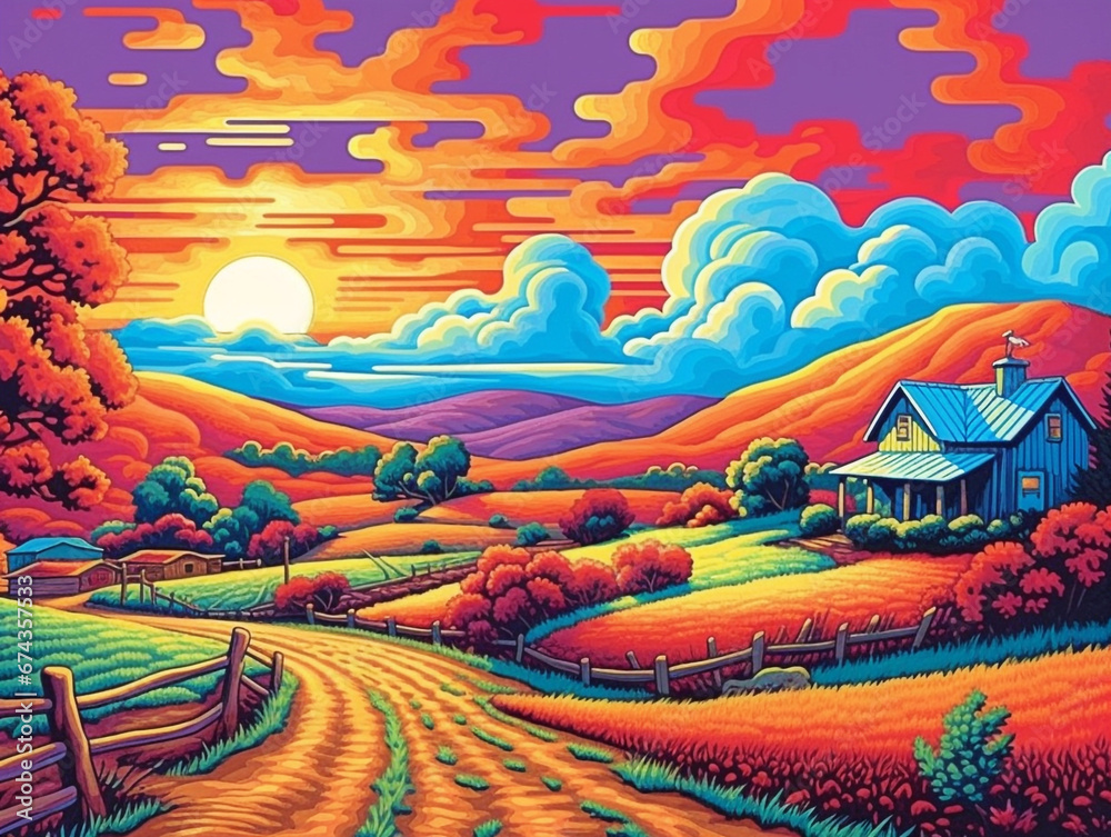 Nature Scenery Landscape in Vivid Bright Color Illustration