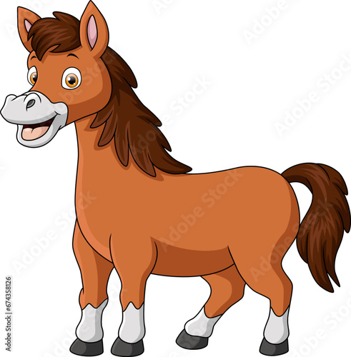 Cute brown horse cartoon on white background