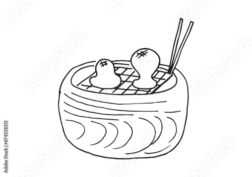 火鉢の上の焼き餅（火鉢の上でお餅を焼く）イラスト