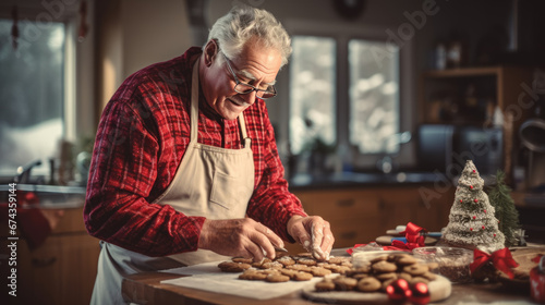 Man, with a warm smile and glasses, is carefully preparing cookies in a festively decorated kitchen with a Christmas tree and ornaments in the background.