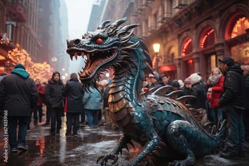 Vibrant street scene during Chinese New Year with a grand procession and majestic dragon dance