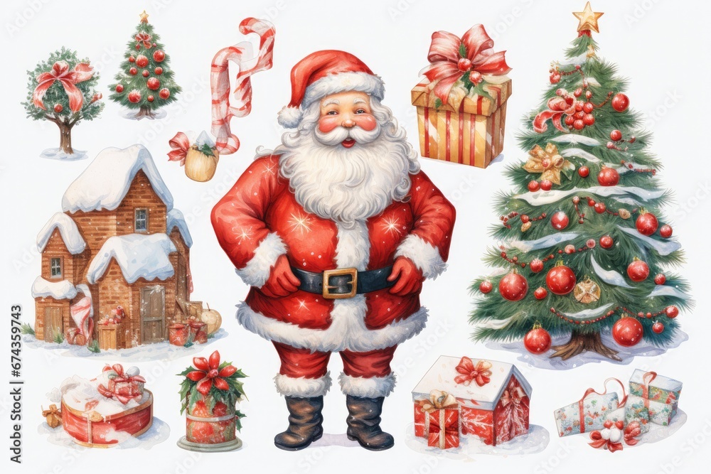 Fototapeta premium Colored water Santa Claus Christmas tree gift - reindeer Candy cane stockings, snowflakes, gingerbread cookies, mistletoe, Christmas lights, wreaths, snowman by Generative AI