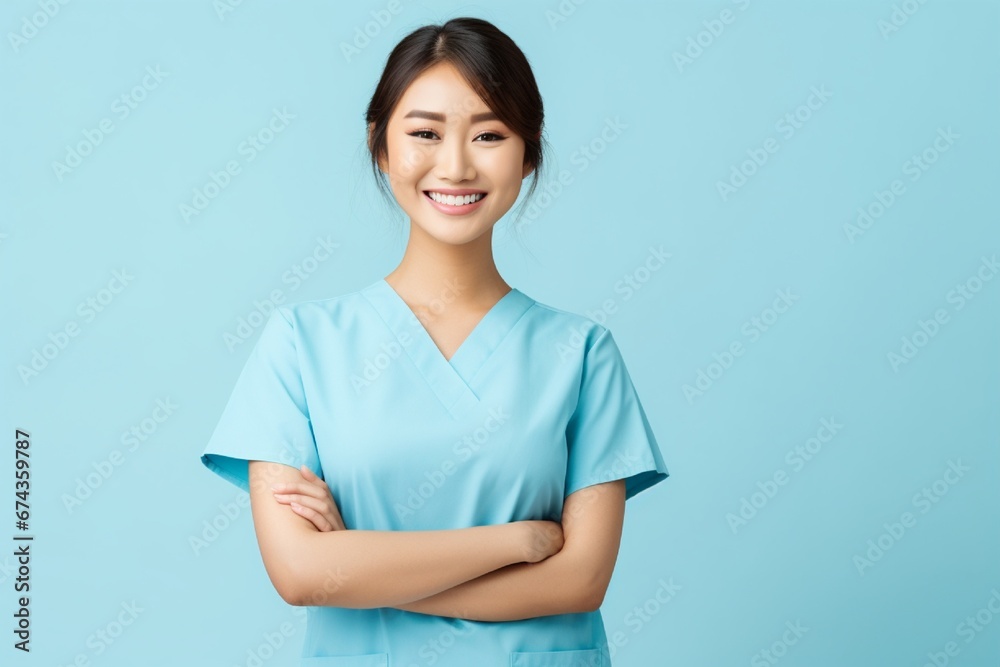 A pleased nurse in scrubs, with a stethoscope around the neck, smiling compassionately, isolated on a solid background. - obrazy, fototapety, plakaty 