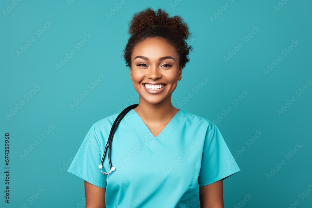A pleased nurse in scrubs, with a stethoscope around the neck, smiling compassionately, isolated on a solid background. - obrazy, fototapety, plakaty 