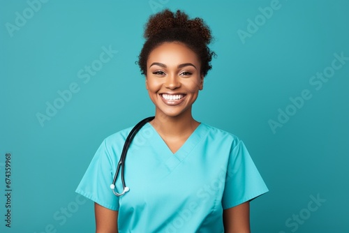 A pleased nurse in scrubs, with a stethoscope around the neck, smiling compassionately, isolated on a solid background. photo