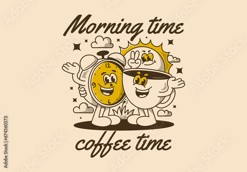 Morning time, coffee time. Mascot character of coffee cup, alarm clock and a sun