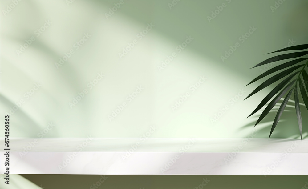 White table top on a green wall with palm leaves and shadow of sunlight background. High quality photo White table top on a green wall with palm leaves and shadow of sunlight background. High quality photo