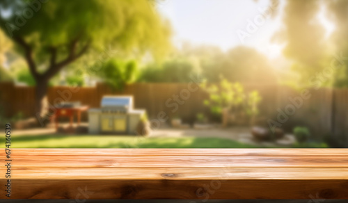 Wooden table top on blurred backyard garden with grill BBQ background. Perfect for display or montage your products. High quality photo photo
