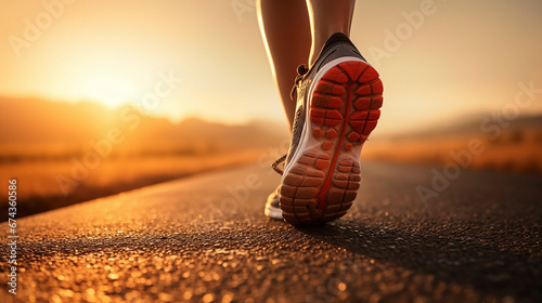 Runner feet running on road closeup on shoe. woaman fitness sunrise jog workout welness concept. Made with generative ai