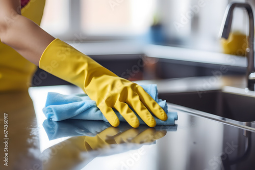 Woman's hand in gloves cleaning kitchen with blue cloth