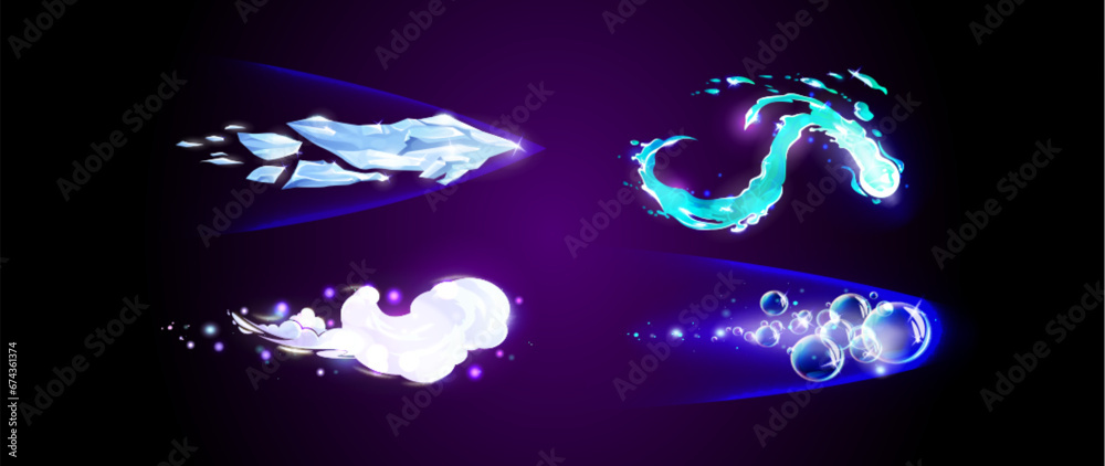 Magic power strike effects set isolated on dark background. Vector cartoon illustration of ice pieces, white cloud of steam, laundry bubbles, clear blue water impact arrow trails, freshness symbols