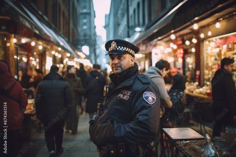 A police officer on patrol in a bustling urban environment