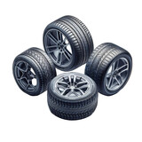set of car tires with alloy rim isolated with removed background, concept parts for automobile, industry, generative ai