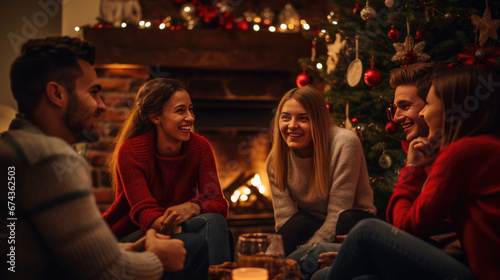 Friends are enjoying a cozy evening by a fireplace, laughing and chatting in a festively decorated living room during the holidays. © MP Studio