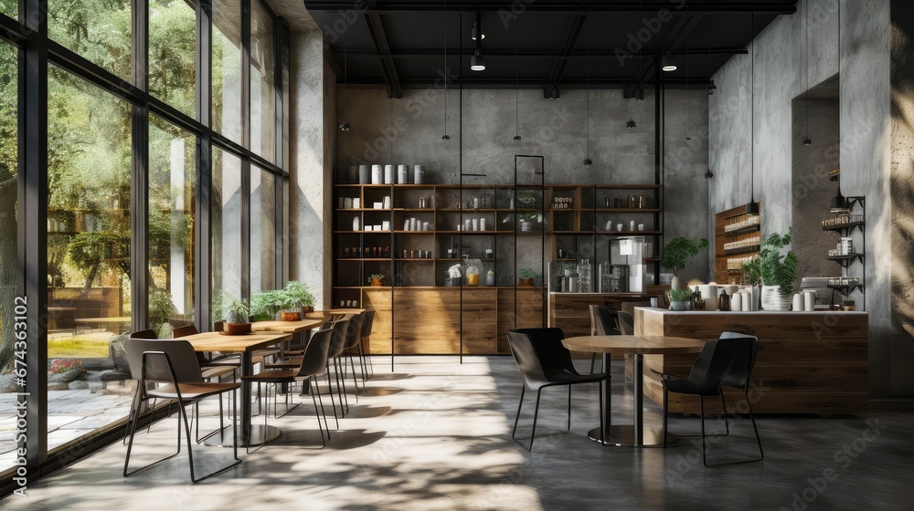 Modern cafe with bar and chairs with concrete walls and light from windows, Generative Ai
