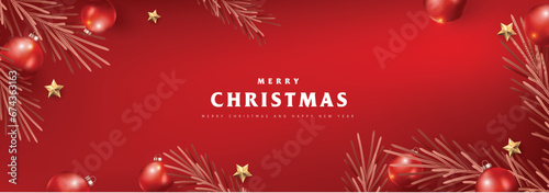 Merry Christmas and Happy New Year red Background Christmas Tree Branches decoration. Merry Christmas vector text Calligraphic Lettering Vector illustration.