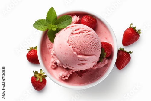 Strawberry ice cream scoop on white background photo