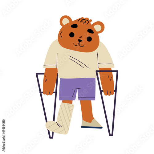 Sick Bear Animal with Bandaged Leg as Hospital Patient Vector Illustration