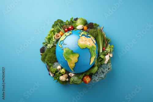 Globe made from vegetable on blue background.