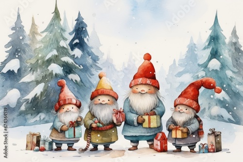 Adorable watercolor gnomes gather around the Christmas tree, exchanging gift in the cool Arctic atmosphere. Full color, textured knitted illustrations, suitable for nursery art by Generative AI photo