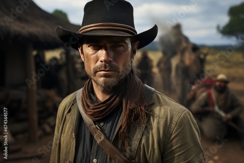 Portrait of mature man in cowboy clothes and hat against the backdrop of a wild west settlement. The Red Dead Redemption character looks at the camera with confident look. Real courageous cowboy.