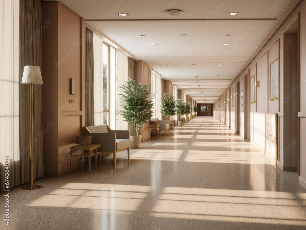 Corridor inside the hotel Modern style, pastel tones with light shadows during the day. Corridor inside the hotel Modern style, pastel tones with light shadows during the day.