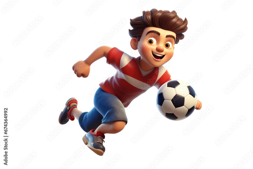 Energetic 3D Character Sprinting to Kick Soccer Ball Isolated on Transparent Background