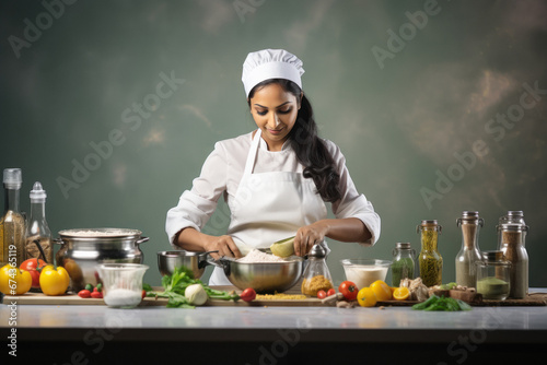 Indian female chef cooking photo