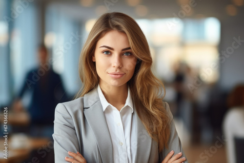 Professional woman wearing business suit stands confidently with her arms crossed. Confidence, leadership, or professionalism in various business-related contexts.