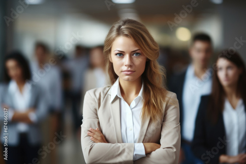 Woman confidently stands in front of group of people. This image can be used to portray leadership, public speaking, teamwork, or presentations.