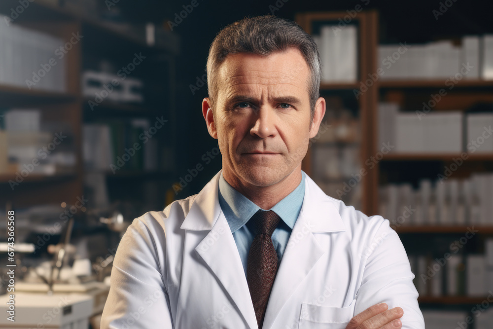 Professional man wearing lab coat stands confidently with his arms crossed. This image can be used to depict scientist, researcher, or professional in laboratory or scientific setting. Professional man wearing lab coat stands confidently with his arms crossed. This image can be used to depict scientist, researcher, or professional in laboratory or scientific setting.