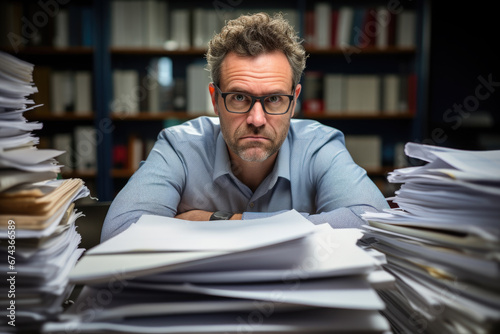 Man is seated in front of large stack of papers. This image can be used to represent concepts such as organization, paperwork, business, or office work.