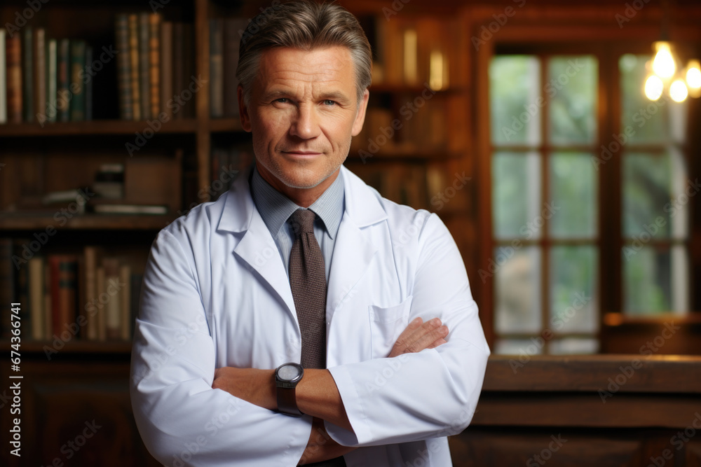 Professional man wearing lab coat and tie standing confidently in front of bookshelf. This image can be used to represent intelligence, expertise, and professionalism in various fields. Professional man wearing lab coat and tie standing confidently in front of bookshelf. This image can be used to represent intelligence, expertise, and professionalism in various fields.