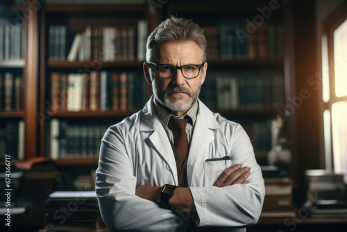 Man wearing lab coat stands confidently in front of bookshelf filled with books and scientific materials. Research, education, knowledge, or pursuit of scientific discovery.