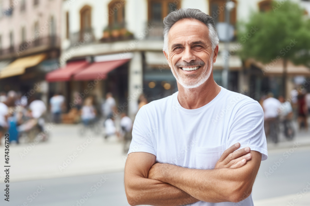 Man confidently stands on street with his arms crossed. This picture can be used to convey sense of confidence, determination, or assertiveness in various professional or personal contexts. Man confidently stands on street with his arms crossed. This picture can be used to convey sense of confidence, determination, or assertiveness in various professional or personal contexts.
