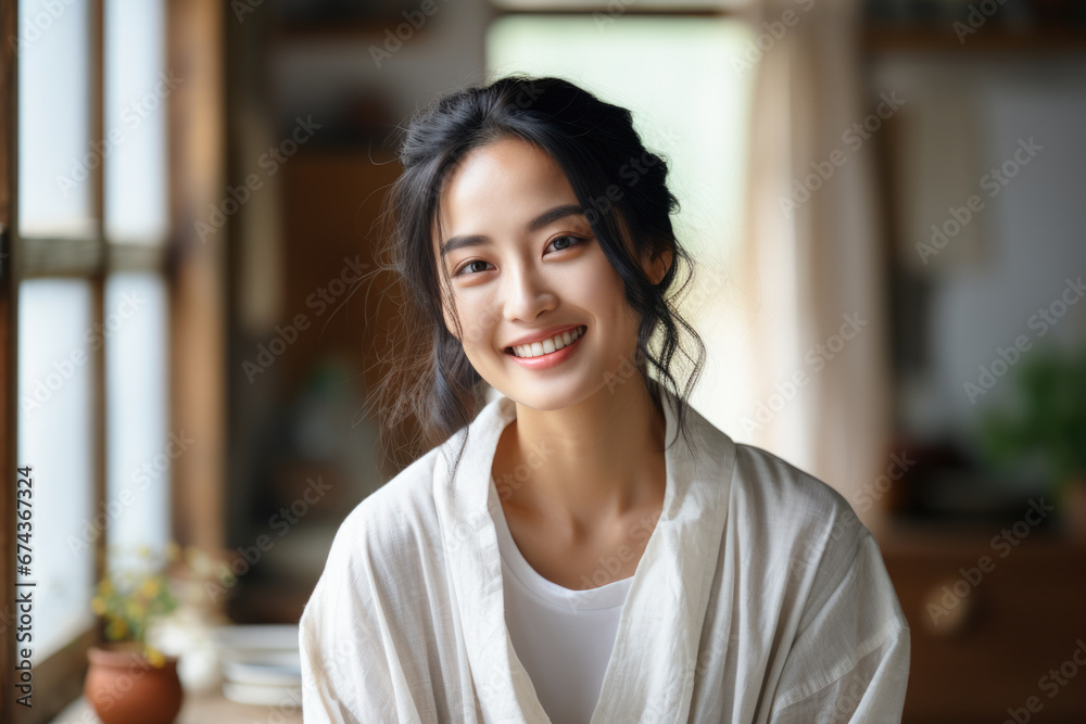Woman wearing white robe sitting in front of window. This image can be used to depict relaxation, contemplation, or peaceful moment at home. Woman wearing white robe sitting in front of window. This image can be used to depict relaxation, contemplation, or peaceful moment at home.