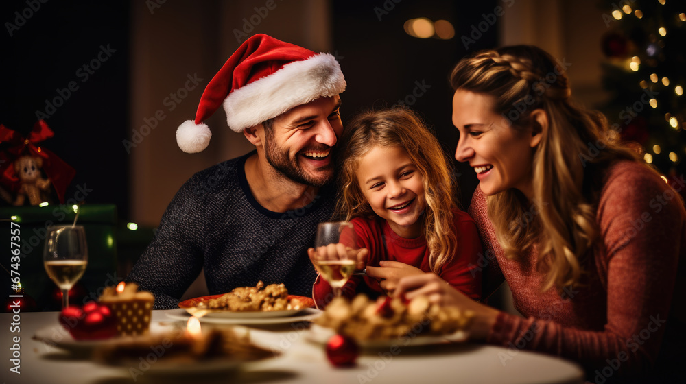 Family enjoying a warm, festive Christmas dinner together, with children smiling, candles glowing, and a decorated Christmas tree in the background.