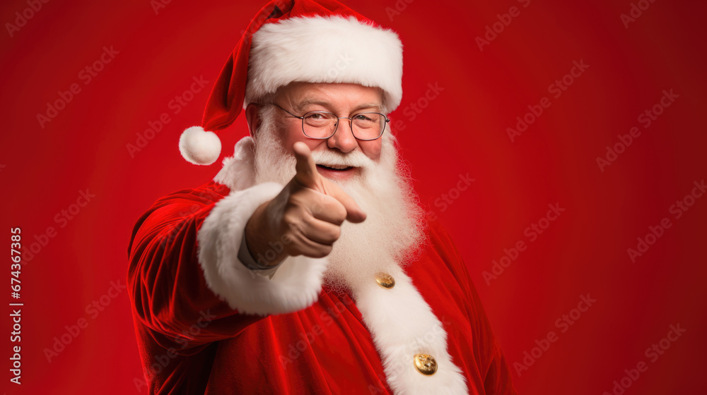 Santa Claus in his iconic red and white attire is joyfully pointing forward with a warm, inviting smile, embodying the spirit of Christmas.