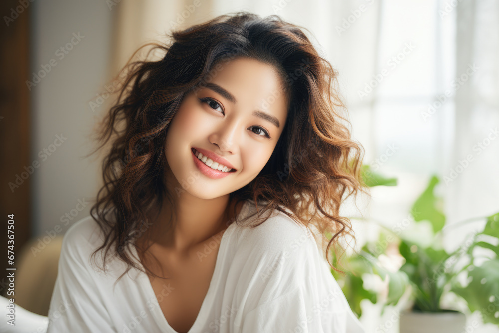 Beautiful young woman sitting on top of bed. This image can be used to portray relaxation, morning routines, or bedroom interior design ideas. Beautiful young woman sitting on top of bed. This image can be used to portray relaxation, morning routines, or bedroom interior design ideas.