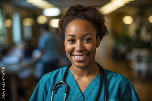 Woman wearing stethoscope standing in hospital. This image can be used to represent healthcare, medical professionals, or importance of patient care in hospital setting.