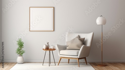 A simple white frame on a plain wall in a living room with a cozy armchair, a small side table, and a reading lamp. photo