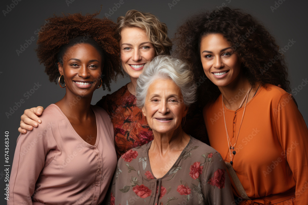 Half-length portrait of four cheerful senior diverse multiethnic women. Female friends smiling at camera while posing together. Diversity, beauty, friendship concept. Isolated over grey background. Half-length portrait of four cheerful senior diverse multiethnic women. Female friends smiling at camera while posing together. Diversity, beauty, friendship concept. Isolated over grey background.