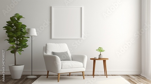 A simple white frame on a plain wall in a living room with a comfortable armchair, a small round table, and a floor lamp.