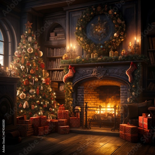 interior christmas. magic glowing tree  fireplace and gifts . Made with generative ai.  © Shafag