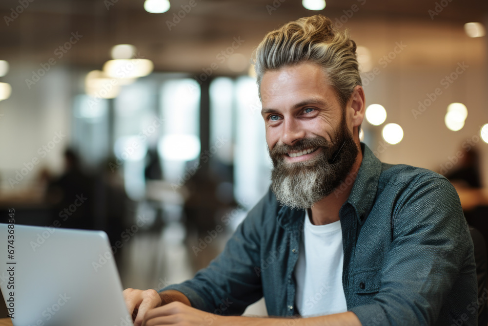 Man is depicted sitting at table with laptop. This image can be used to represent concepts such as remote work, technology, productivity, or studying. Man is depicted sitting at table with laptop. This image can be used to represent concepts such as remote work, technology, productivity, or studying.